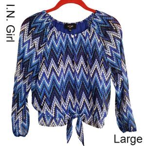 I.N. Girl Lg Tie-Front Blouse 14 Blue Chevron Long Sleeve Cottage Zig Zag Top